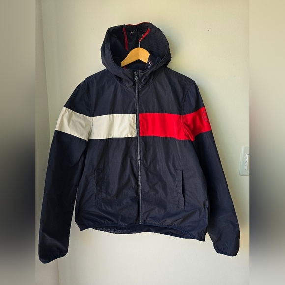 Tommy Hilfiger Colorblock Hooded Windbreak Jacket Blue White Red Size L - Picture 2 of 9
